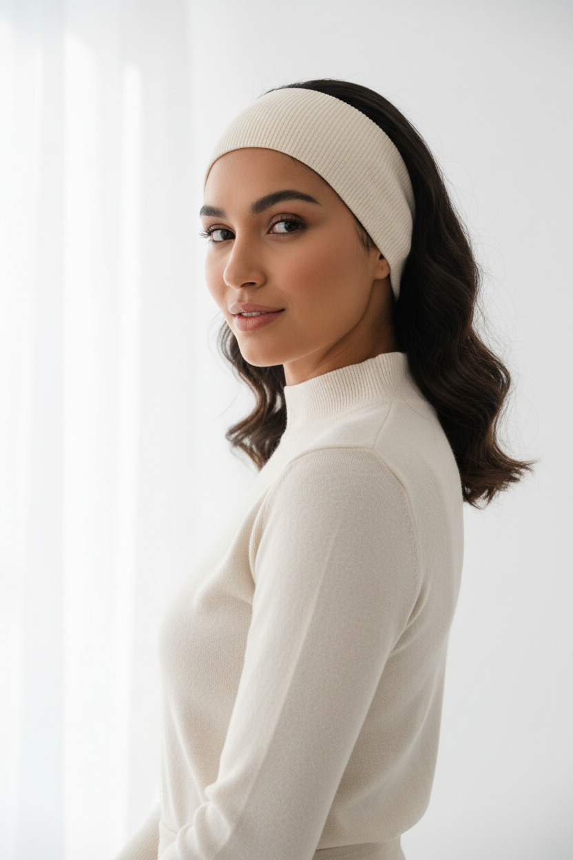 Woman wearing a chic elastic headband, studio portrait