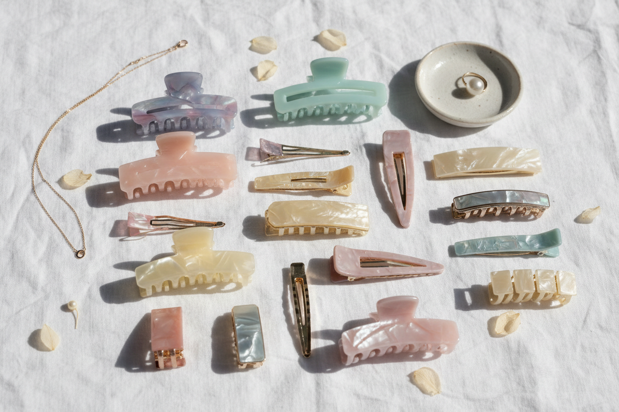 Flat lay of women's hair clips on white linen