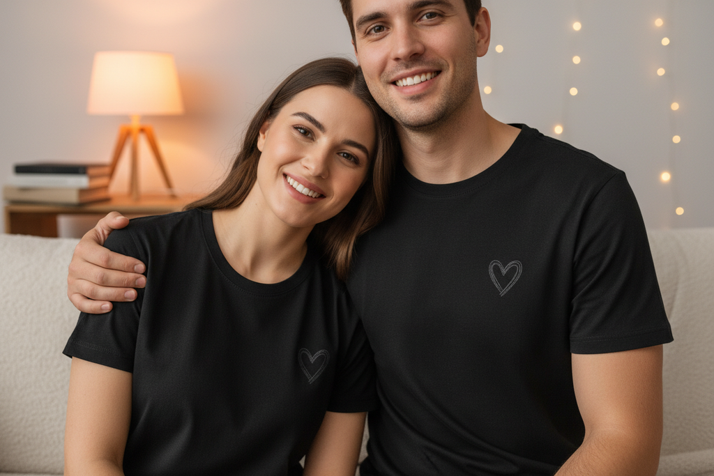 Couple in matching black T-shirts with heart design indoors