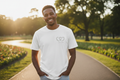 Man wearing white custom couple T-shirt outdoors