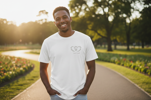 Man wearing white custom couple T-shirt outdoors