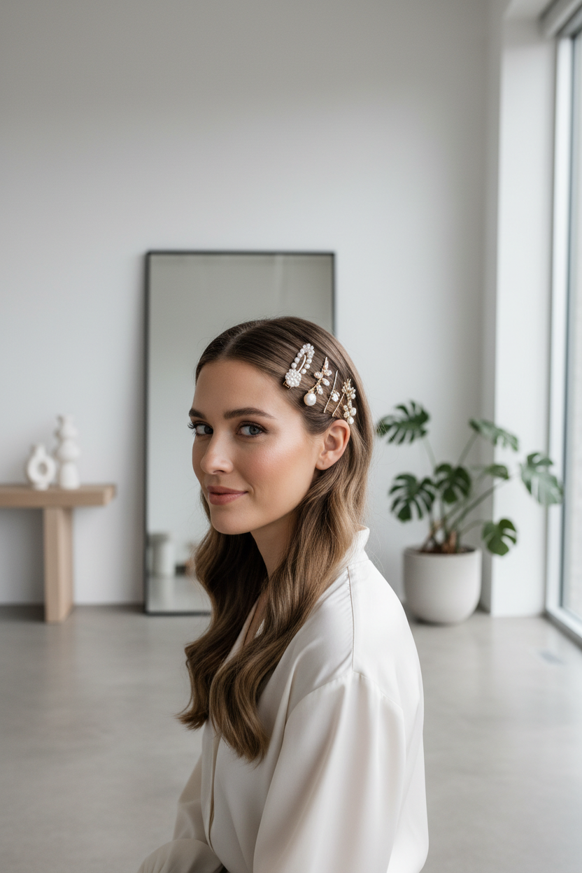 Woman wearing elegant hair clips with natural lighting