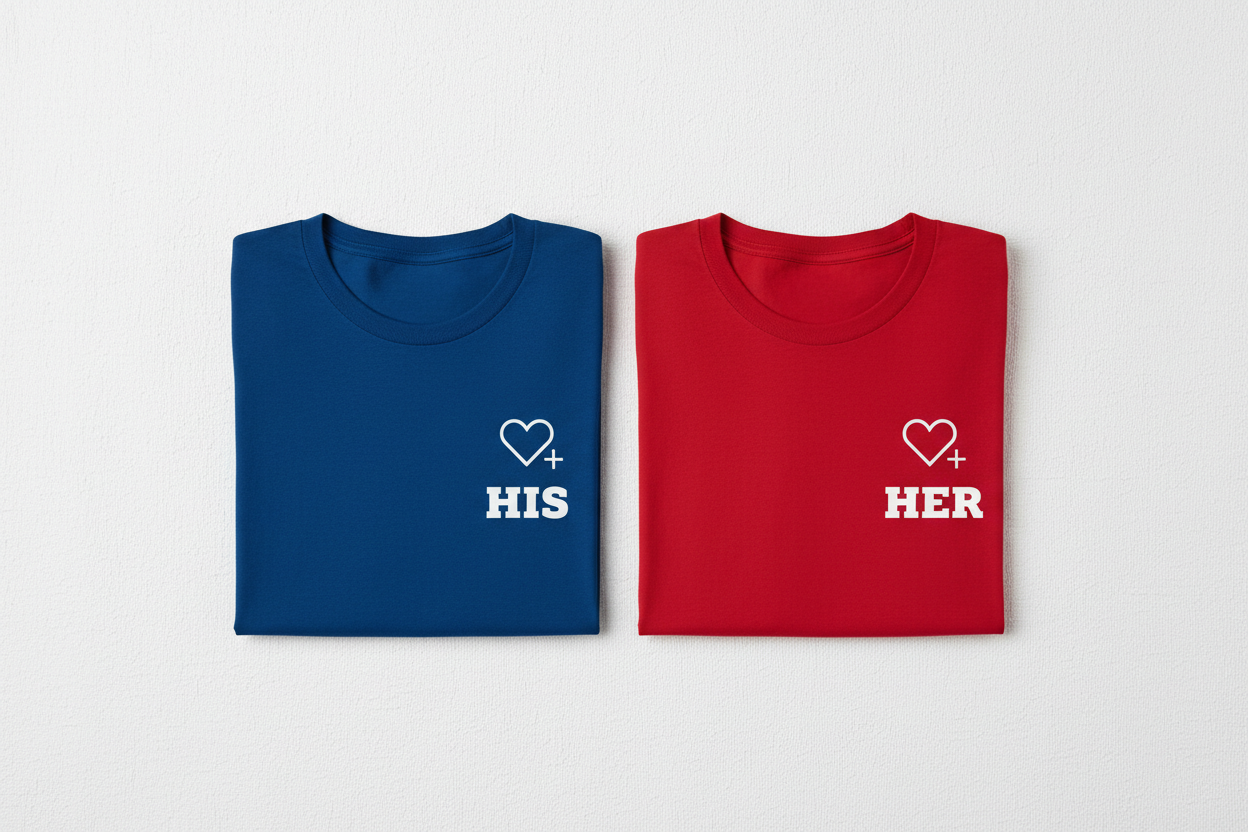 Flat lay of matching couple T-shirts on white background