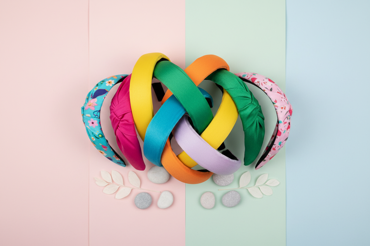 Multiple colorful headbands arranged on pastel background flat lay