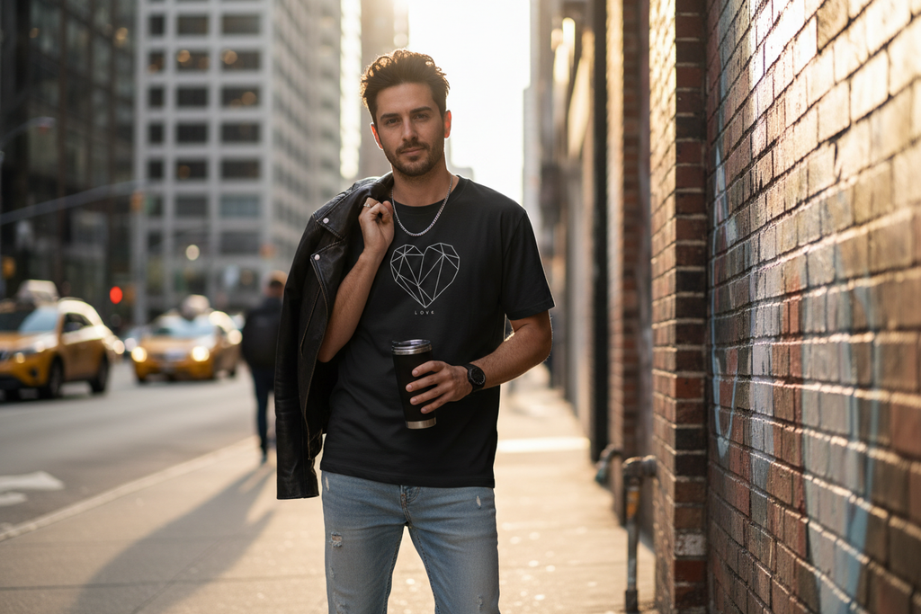 Man in black custom T-shirt with heart graphic, urban style