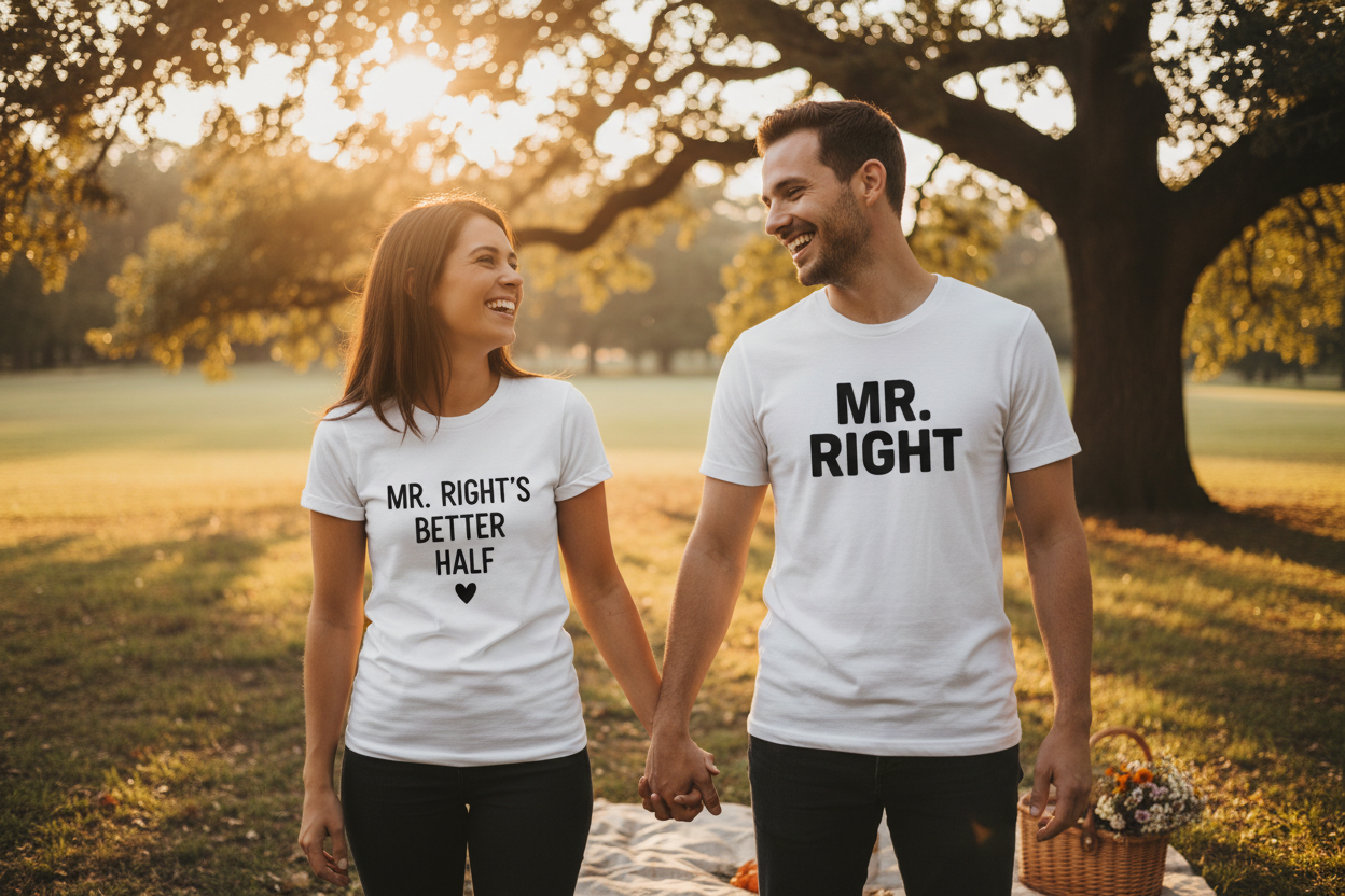 Happy couple wearing matching white T-shirts outdoors