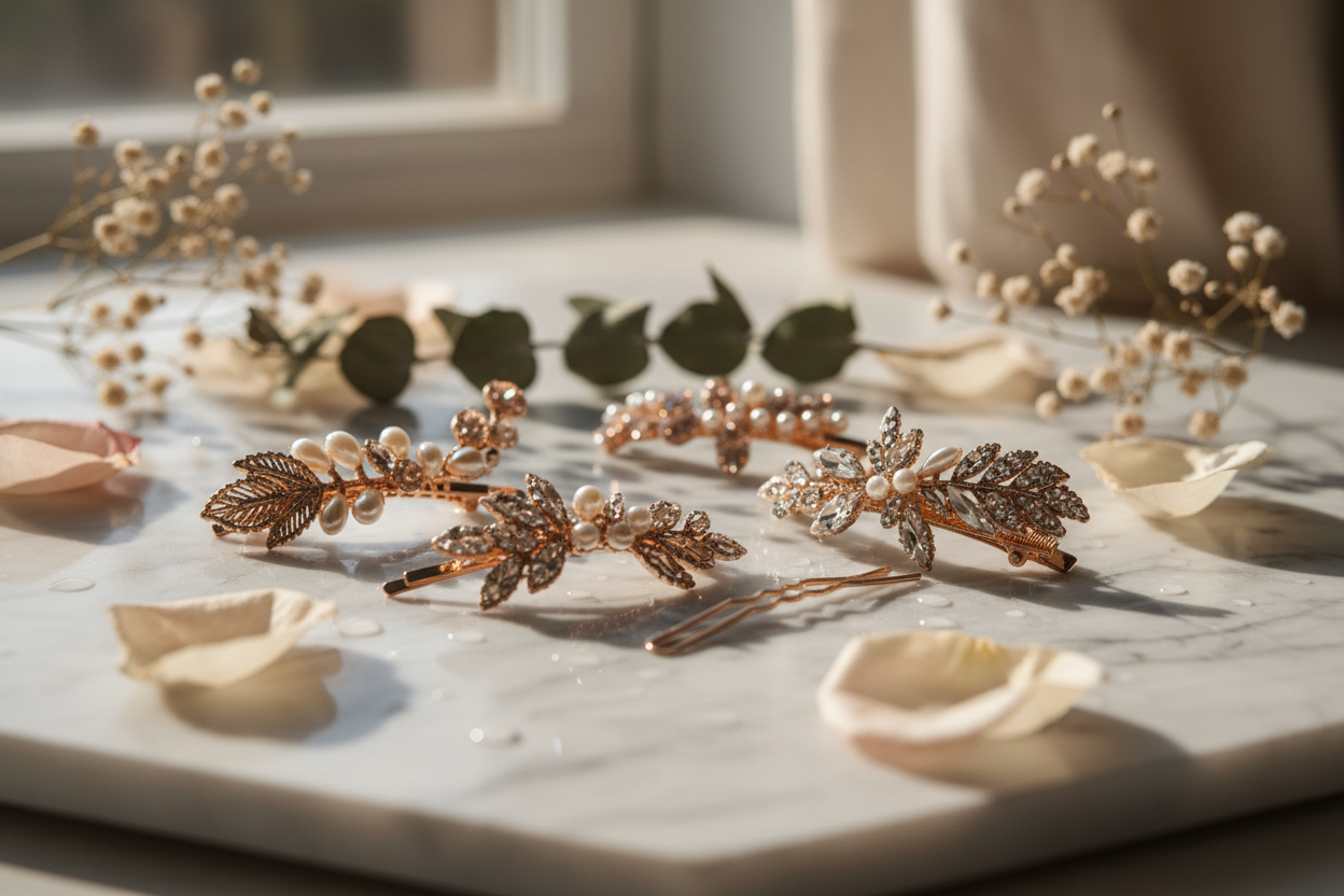 Women's hair clips on marble surface with florals