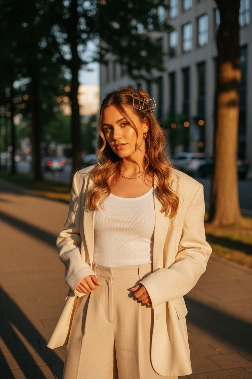 Model wearing hair clips in a half-up style, golden hour lighting