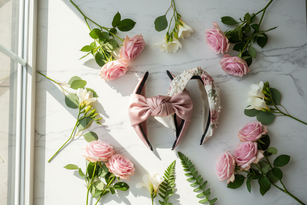 Headband flat lay on white marble with pink flowers