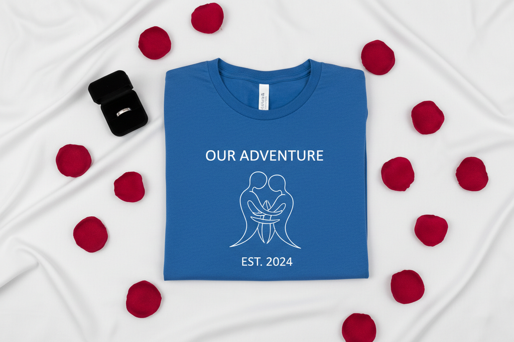 Blue couple T-shirt flat lay with ring box and rose petals
