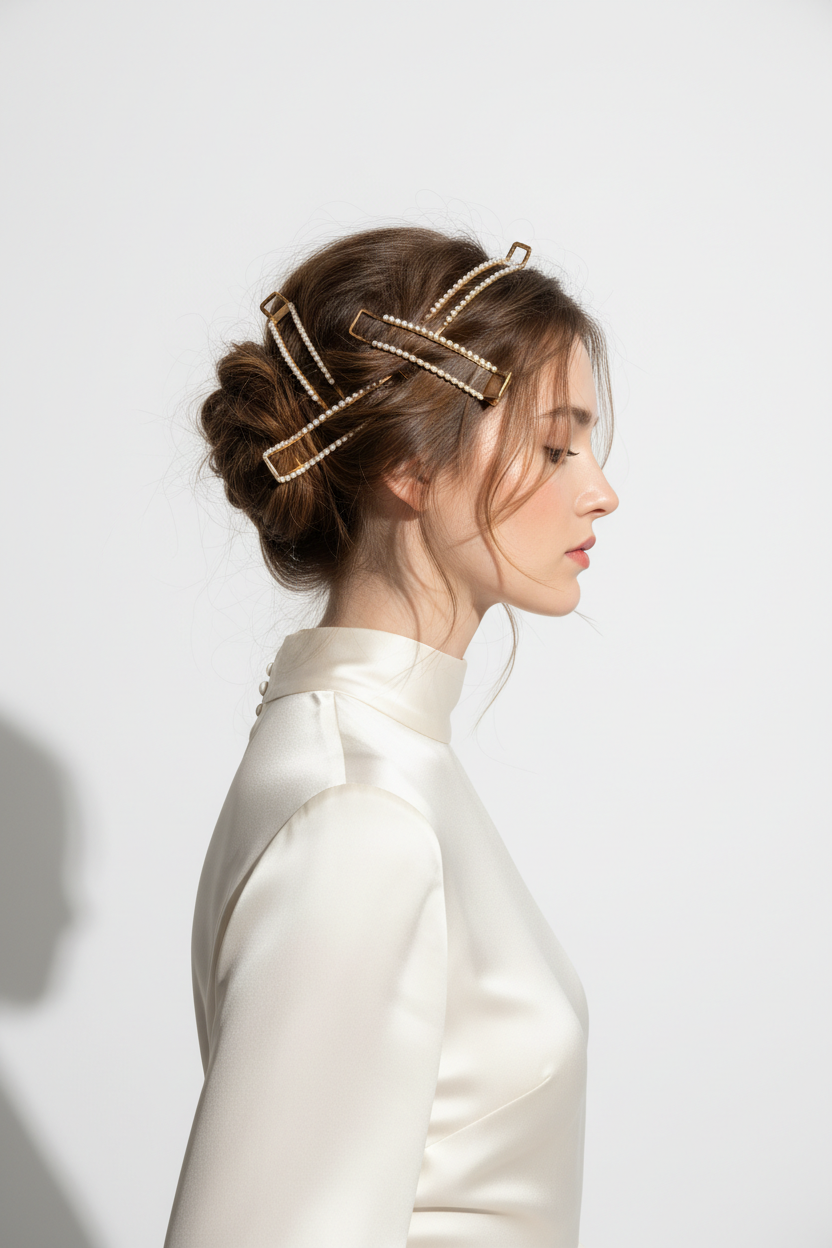 Model with chic updo secured by hair clips, studio white background